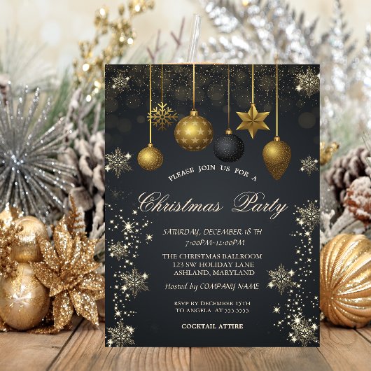 Invitation Flocons de neige dorés, boules de Noël, soirée ent