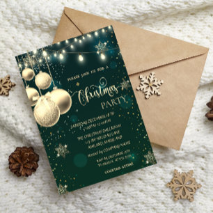 Invitation Flocons de Neige Dorés, Boules, Lumières Noël Vert