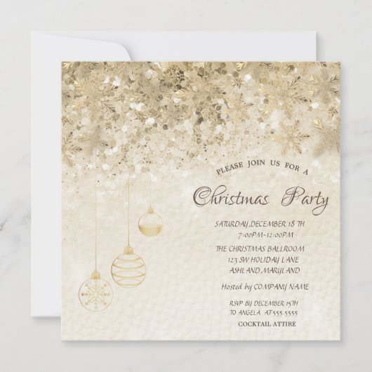 Invitation Flocons de neige dorés, boules paillettes Noël d'e (Devant)