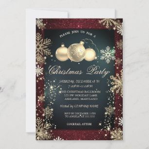 Invitation Flocons de neige dorés,Boules Rouge Paillettes Fêt
