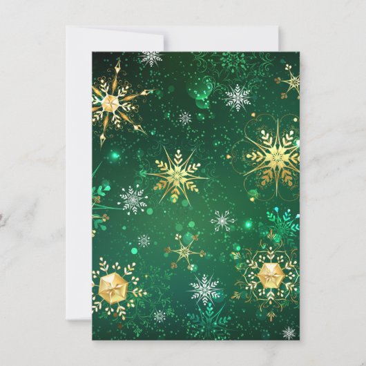 Invitation Flocons de neige dorés de Noël sur fond vert (Devant)
