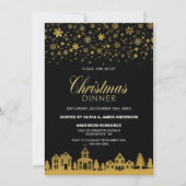 Invitation Flocons de neige dorés Dîner de Noël noir (Devant)