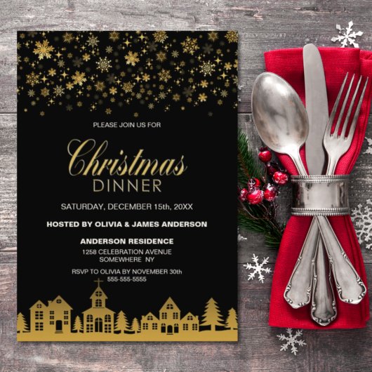 Invitation Flocons de neige dorés Dîner de Noël noir