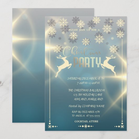 Invitation Flocons de neige dorés, fête de Noël de la société (Devant / Derrière)