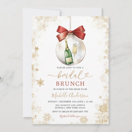 Invitation Flocons de neige dorés Noël Boule Mariage Petit-dé (Devant)