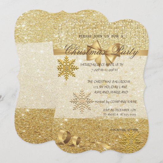 Invitation Flocons de neige dorés, Pailletés, Fête de Noël de (Devant / Derrière)