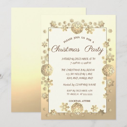 Invitation Flocons de neige dorés Soirée de Noël d'entrepris (Devant / Derrière)