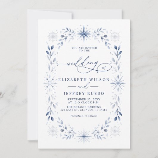 Invitation Flocons de neige élégants Monogramme Bleu Mariage (Devant)