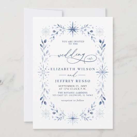 Invitation Flocons de neige élégants Monogramme Bleu Mariage  (Devant)