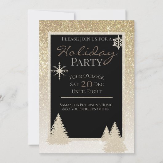 Invitation Flocons de neige et pins paillettes or brillant (Devant)