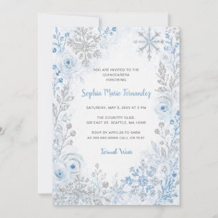 Invitation Flocons de neige floraux argentés bleus Quinceañer