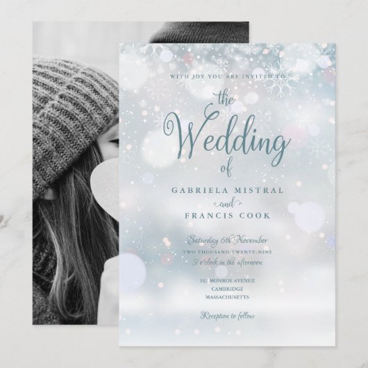 Invitation Flocons de neige hivernaux Écriture élégante Photo (Devant / Derrière)