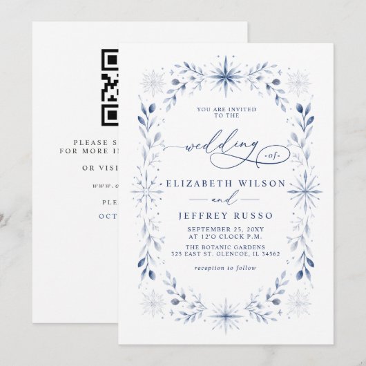 Invitation Flocons de neige Monogramme Bleu Mariage Code QR H (Devant / Derrière)