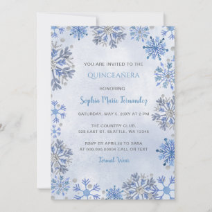Invitation Flocons de neige pailletés argentés bleus Quinceañ