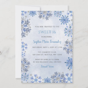 Invitation Flocons de neige pailletés bleu argent hiver Sweet