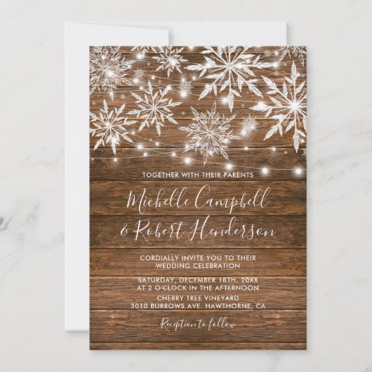 Invitation Flocons de neige rustiques mariage d'hiver en bois (Devant)