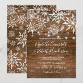 Invitation Flocons de neige rustiques mariage d'hiver en bois (Devant / Derrière)