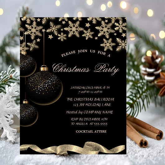 Invitation Flocons de neige scintillants Boules noires Noël d