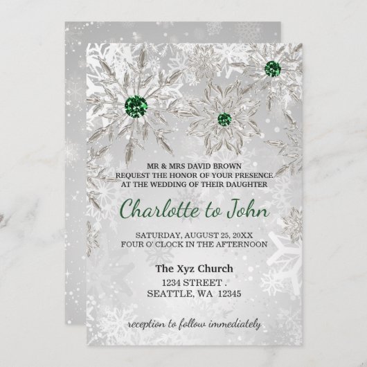 Invitation flocons de neige vert émeraude argent mariage d'hi (Devant / Derrière)