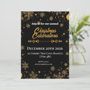Invitation Flocons de Noël Or et Noir