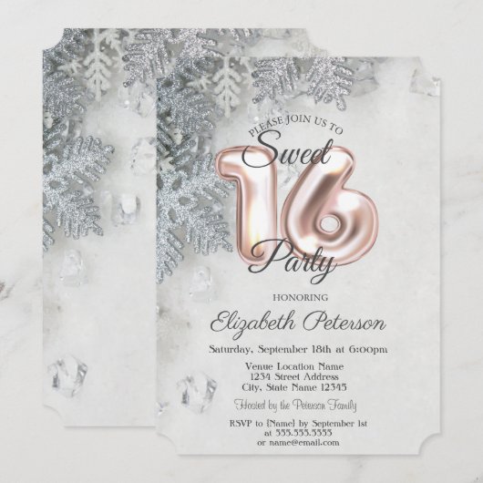 Invitation Flocons Élégants Sweet 16 (Devant / Derrière)