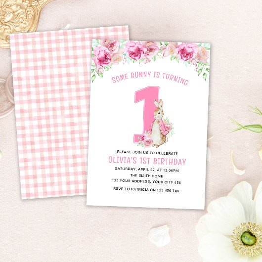 Invitation Flopsy Rabbit 1er Anniversaire Rose Floral