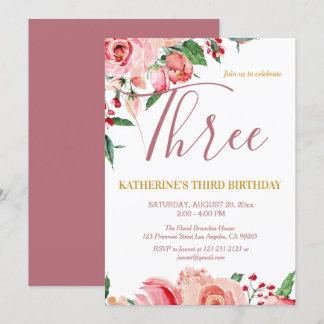Invitation Flora Blush Rose or Aquarelle Flora Anniversaire