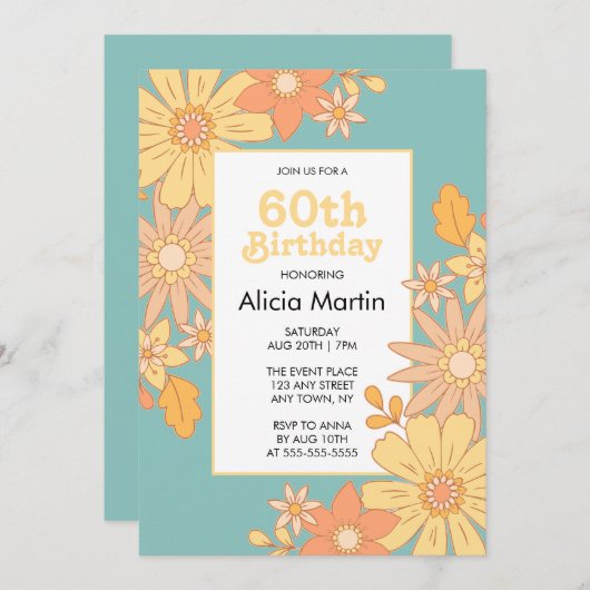 Invitation Flora Orange Retro Super 60e anniversaire (Devant / Derrière)