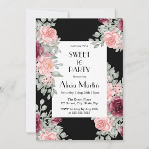 Invitation Flora rose rose Bourgogne Douce 16 Noir Anniversai
