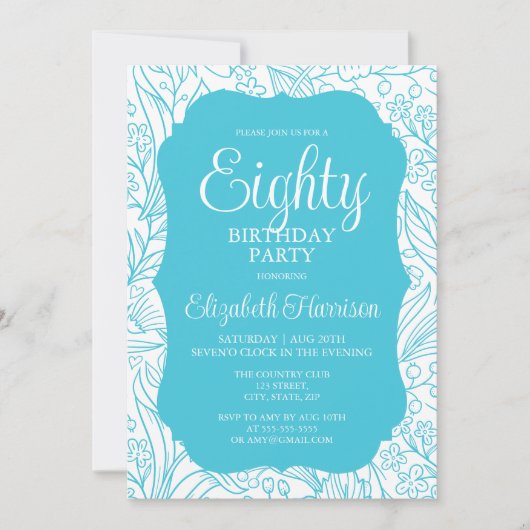 Invitation Flora Turquoise Bleue Femme 80ème anniversaire fêt (Devant)