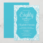Invitation Flora Turquoise Bleue Femme 80ème anniversaire fêt (Devant / Derrière)