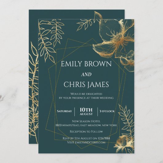 Invitation Floraison dorée | Cérémonie Mariage moderne (Devant / Derrière)