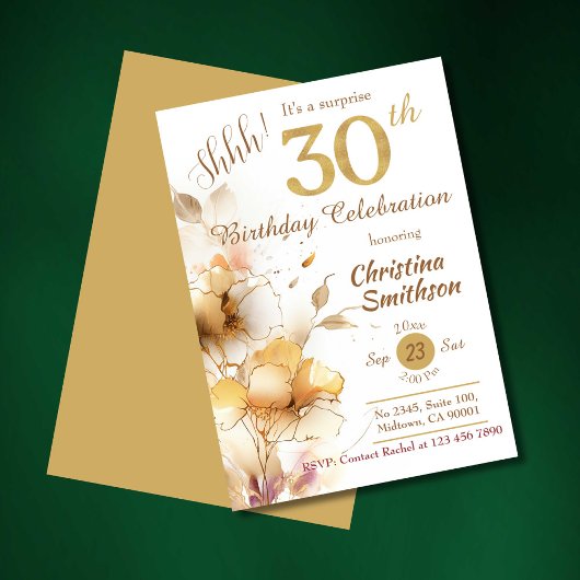 Invitation Floraison dorée élégante surprise 30e anniversaire