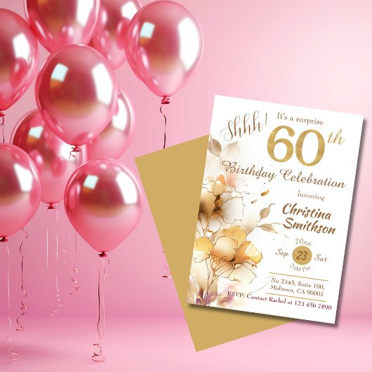 Invitation Floraison dorée élégante surprise 60e anniversaire