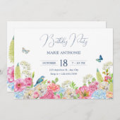 Invitation Floraison florale bleu vert rose printemps anniver (Devant / Derrière)