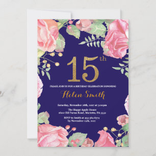 Invitation Floral 15e anniversaire Parties scintillant d'or b