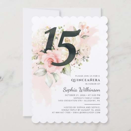 Invitation Floral 15e anniversaire Quinceanera fête d'anniver (Devant)