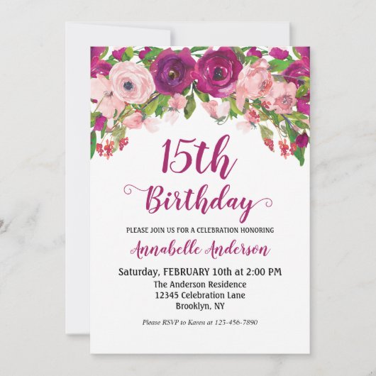 Invitation Floral 15e anniversaire violet rose chic aquarelle (Devant)