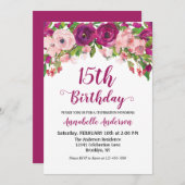 Invitation Floral 15e anniversaire violet rose chic aquarelle (Devant / Derrière)
