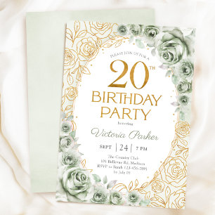 Invitation Floral 20e Anniversaire Vert Sauge Or