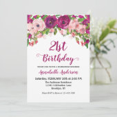 Invitation Floral 21e anniversaire violet rose rose moderne a (Debout devant)