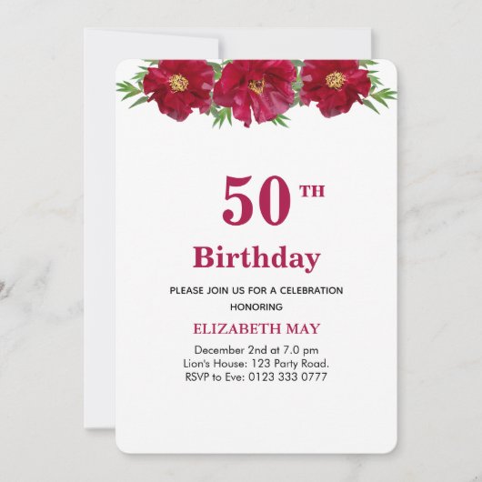 Invitation Floral 50e, 60e anniversaire en Bourgogne & Noir (Devant)