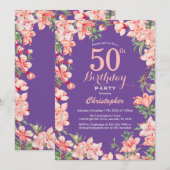 Invitation Floral 50e anniversaire Fleurs roses violet violet (Devant / Derrière)