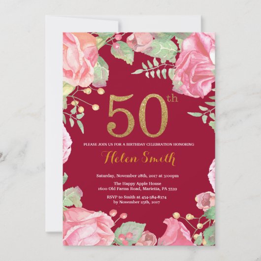 Invitation Floral 50e Anniversaire Gold Parties scintillant B (Devant)