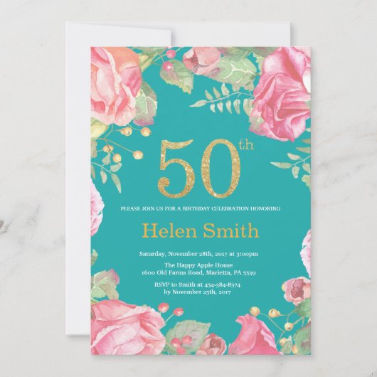 Invitation Floral 50e Anniversaire Parties scintillant or et  (Devant)