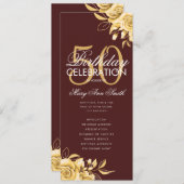 Invitation Floral 50th Birthday Program Gold & Burgundy Menu (Devant / Derrière)