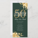 Invitation Floral 50th Birthday Program Gold & Emerald Menu<br><div class="desc">Design élégant "Programme de fête d'anniversaire" avec arrangement floral en or avec texte personnalisé.</div>