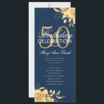 Invitation Floral 50th Birthday Program Gold & Navy avec menu<br><div class="desc">Design élégant "Programme de fête d'anniversaire" avec arrangement floral en or avec texte personnalisé.</div>