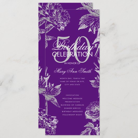 Invitation Floral 50th Birthday Program Silver Purple Menu (Devant / Derrière)