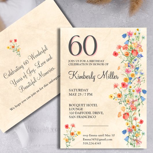 Invitation Floral 60e anniversaire fête élégante fleurs sauva